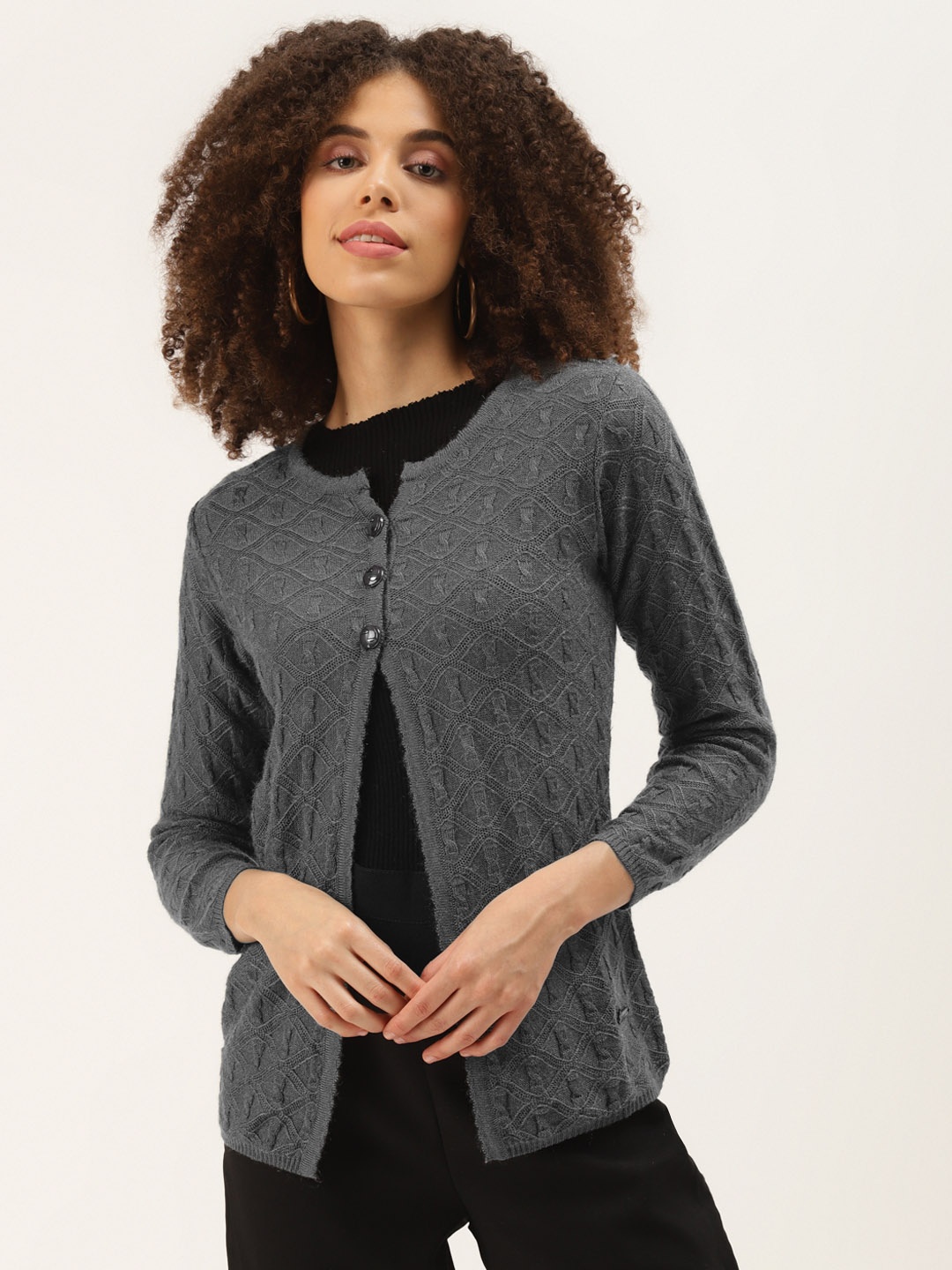 

Duke Women Charcoal Grey Geometric Design Front-Open Sweaters