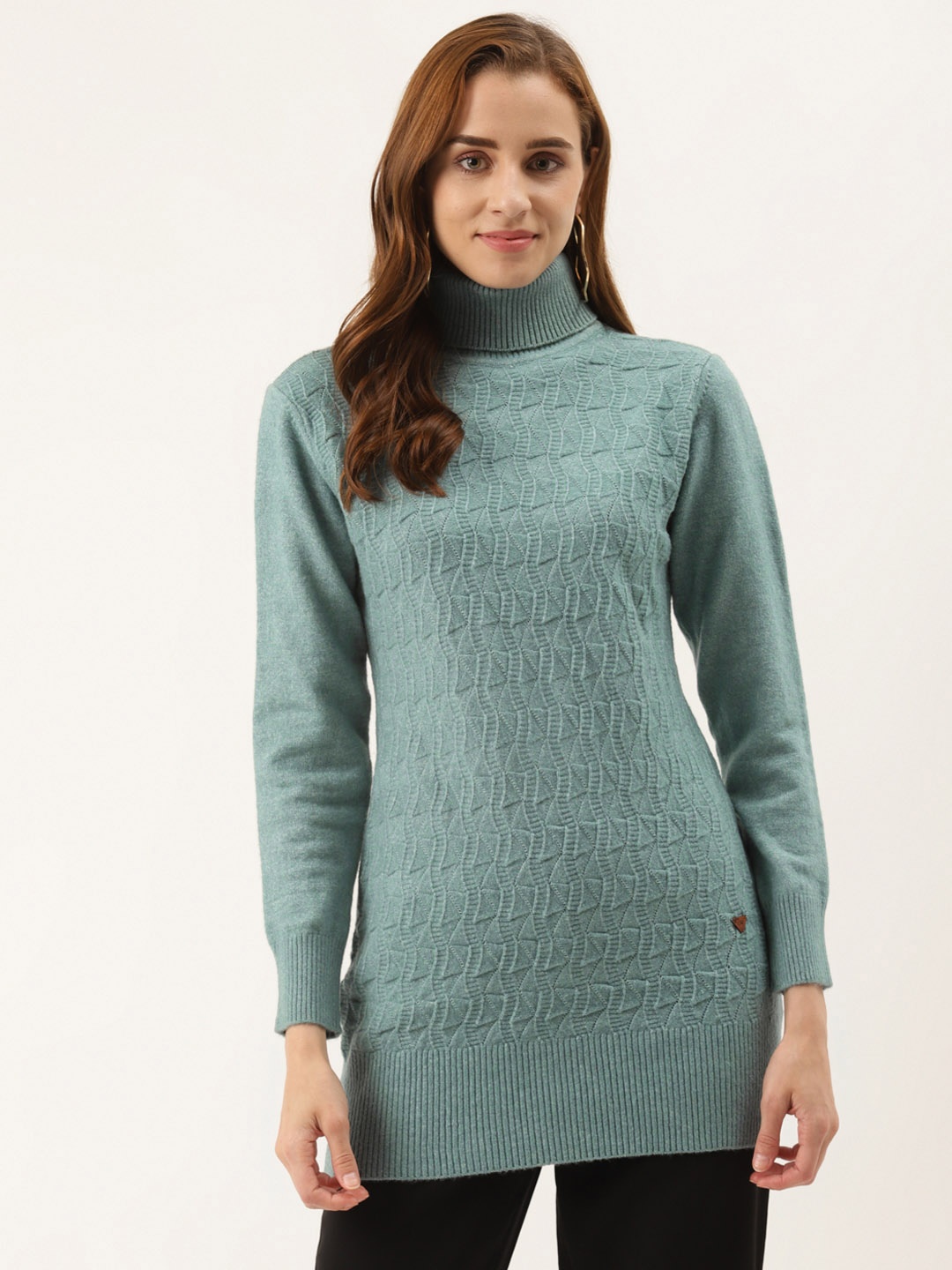 

Duke Women Blue Woollen Self-Design Turtle Neck Longline Pullover