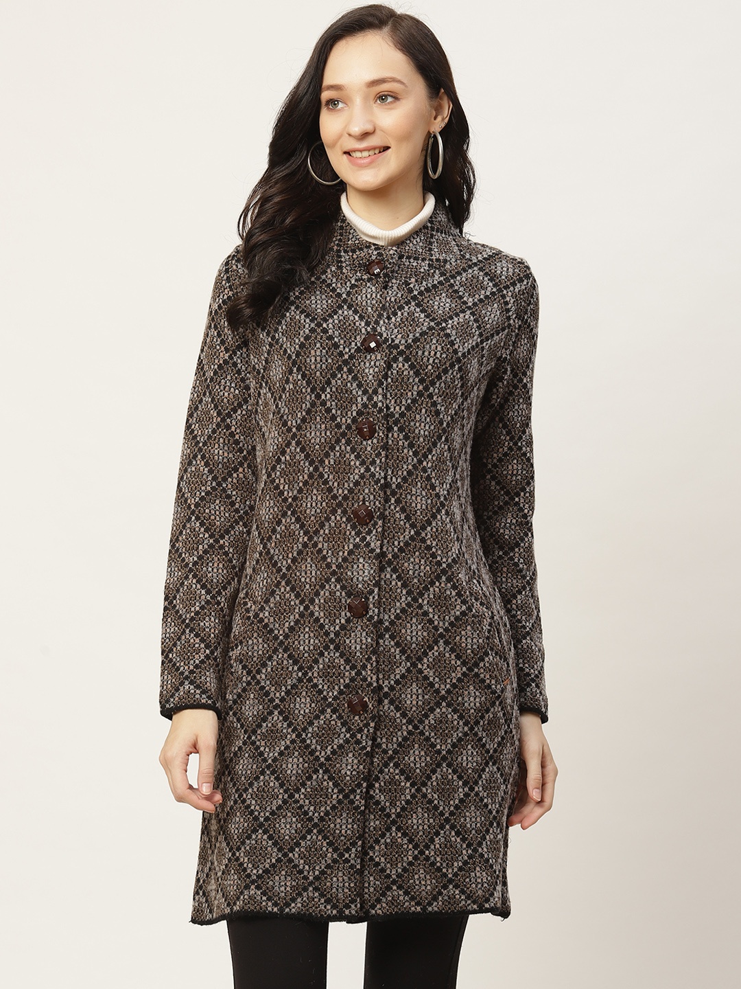 

Duke Women Black & Grey Geometric Woven Design Longline Cardigan with Fuzzy Detail