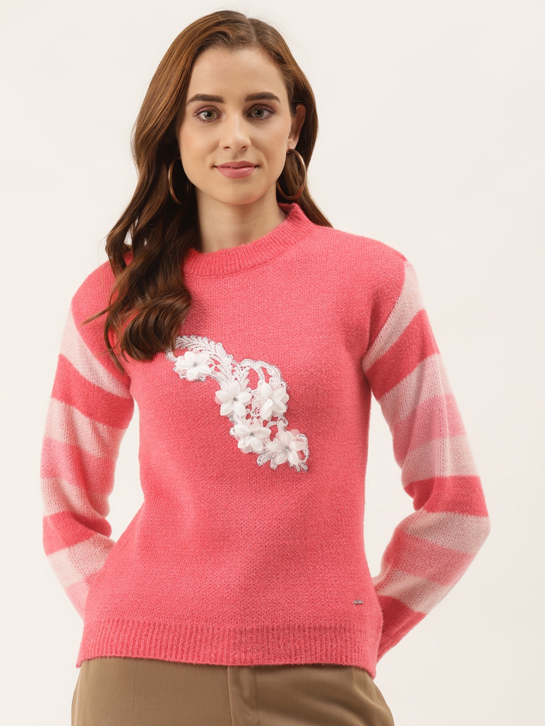 

Duke Women Pink Woolen Pullover with Applique Detail