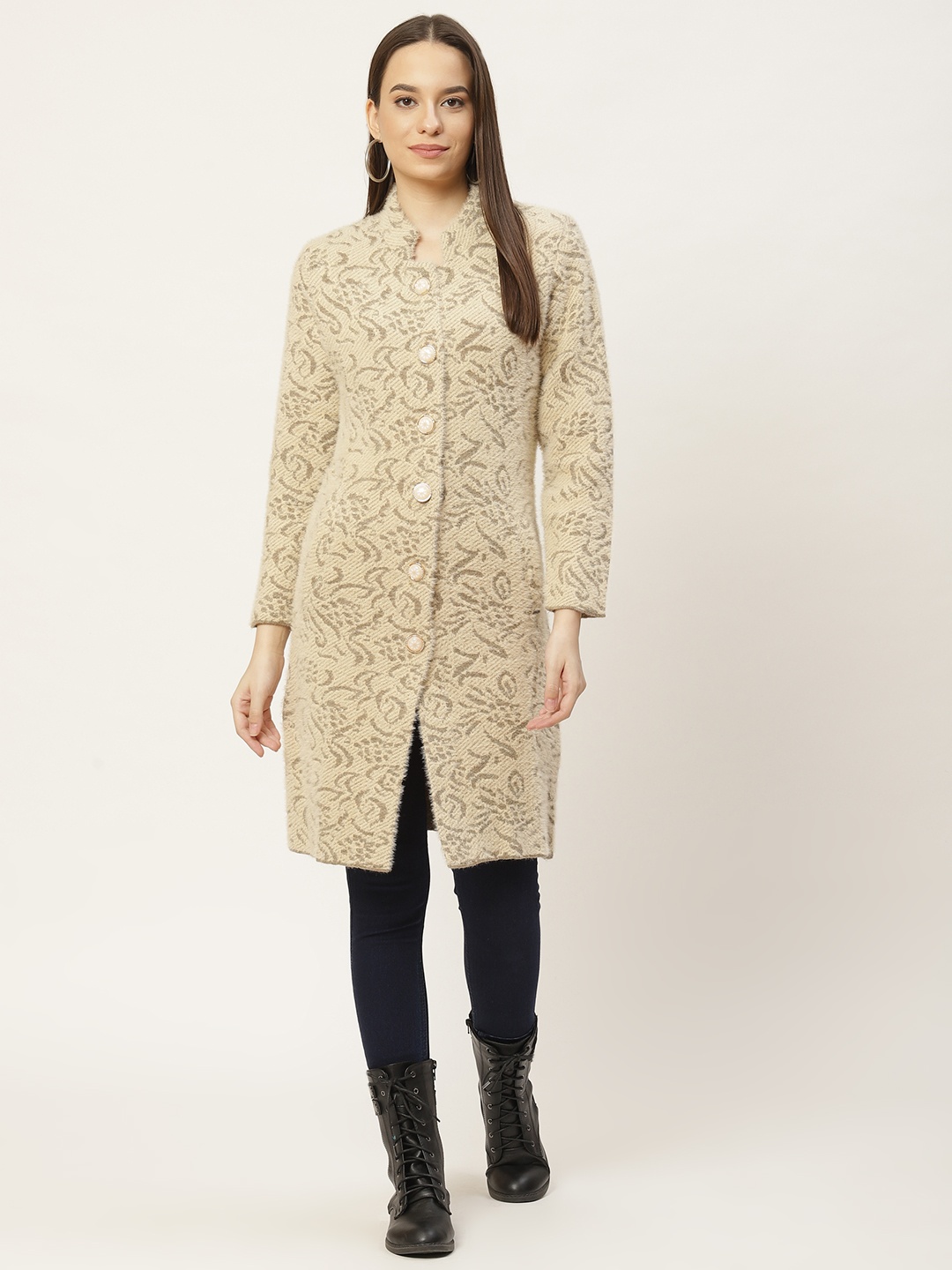 

Duke Women Beige & Grey Woven Ethnic Design Longline Cardigan with Fuzzy Detail