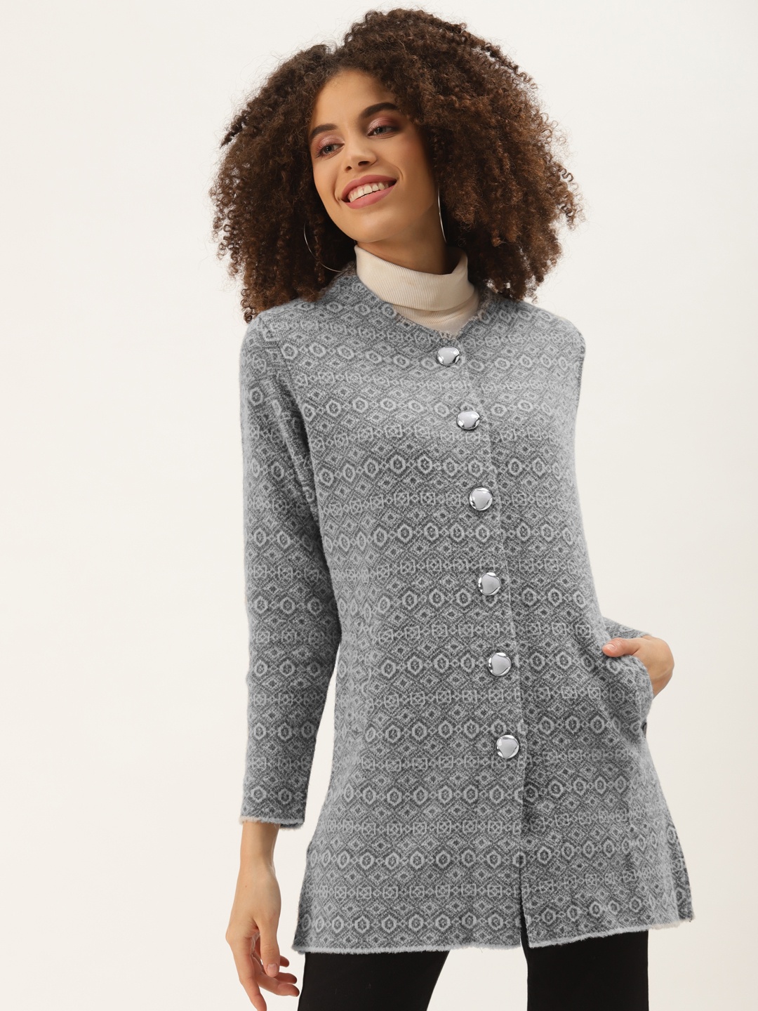 

Duke Women Grey Printed Longline Cardigan with Fuzzy Detail