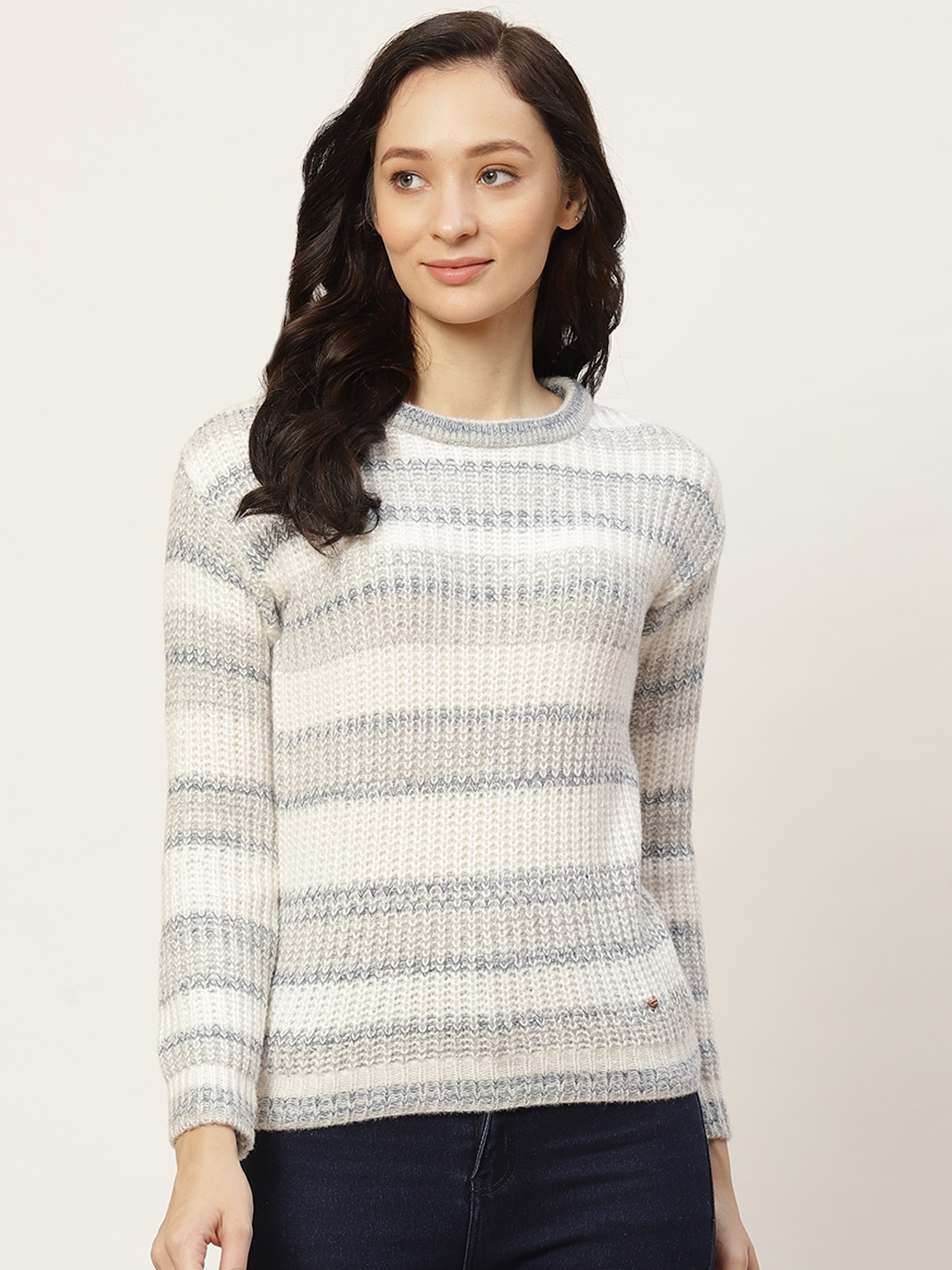 

Duke Women Grey & White Woven Striped Pullover