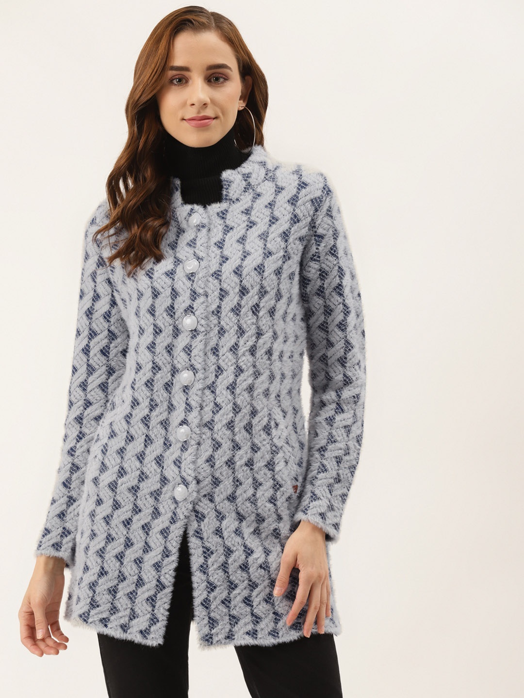 

Duke Women Grey & Off White Cardigan with Fuzzy Detail