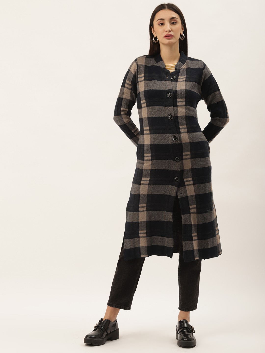

Duke Women Navy Blue & Beige Checked Longline Cardigan