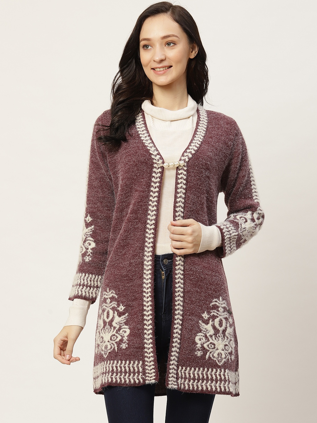 

Duke Women Maroon & White Woven Design Longline Open Front Sweater with Fuzzy Detail