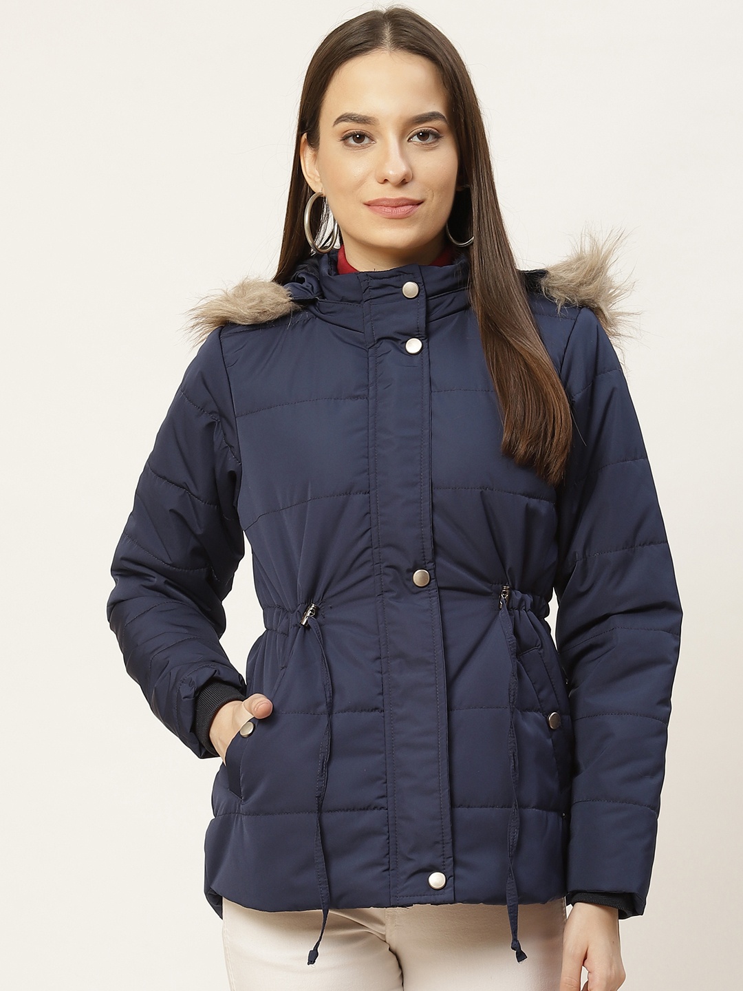 

Duke Women Navy Blue Solid Padded Jacket