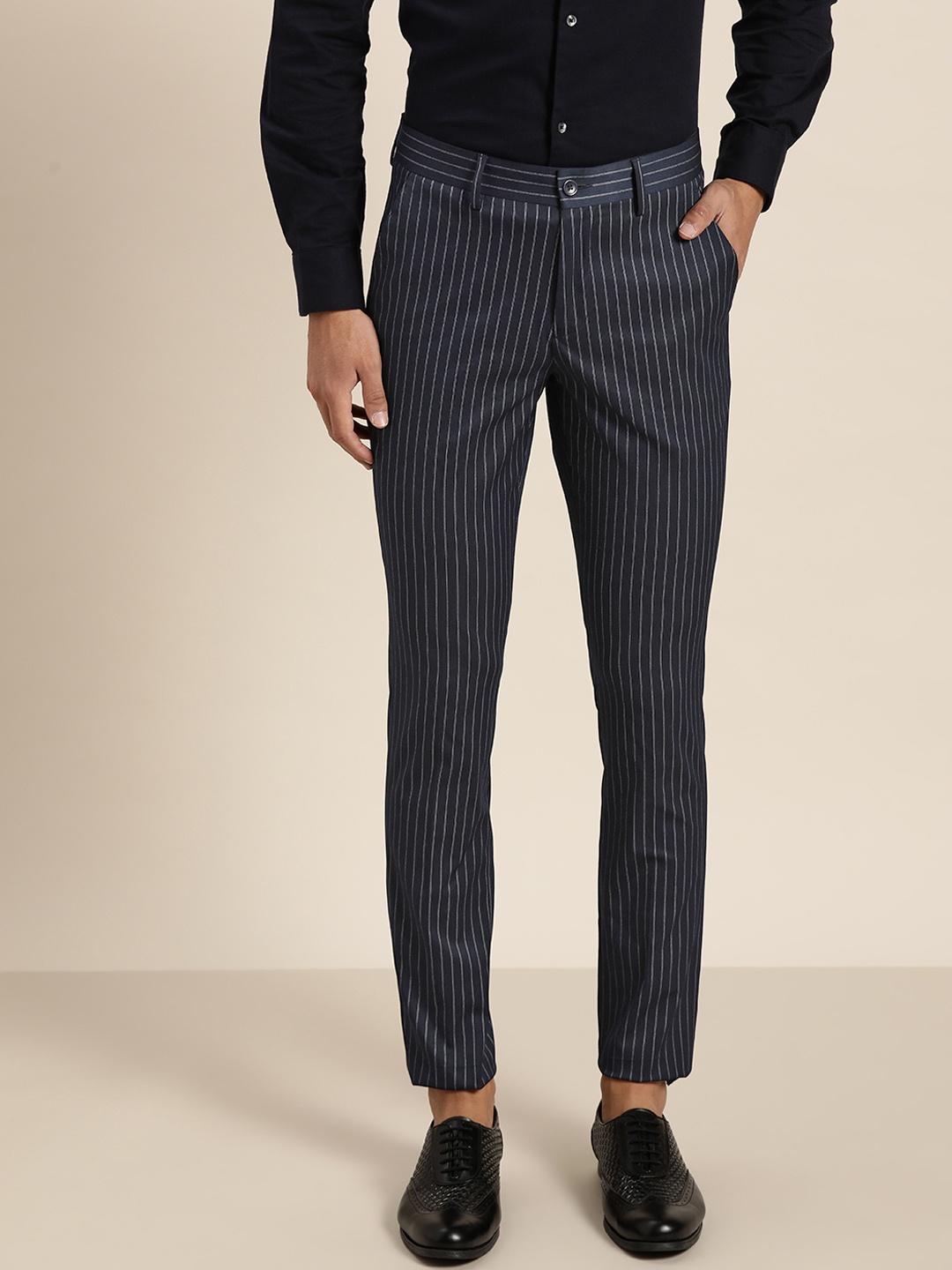 

INVICTUS Men Navy Blue & White Striped Slim Fit Formal Trousers