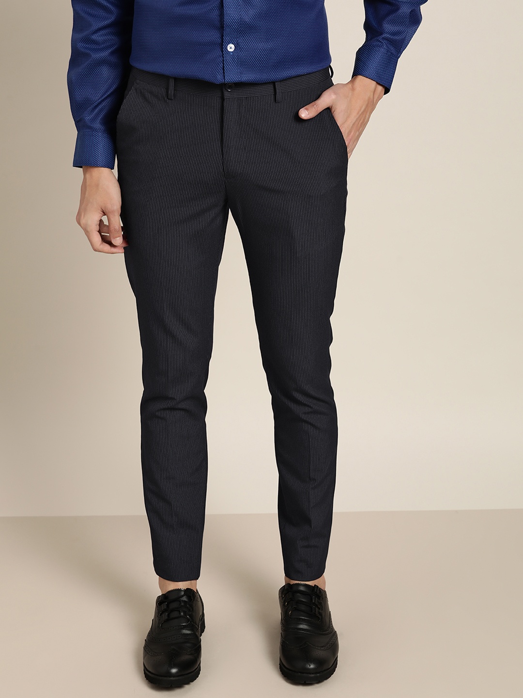 

INVICTUS Men Navy Blue & White Striped Slim Fit Formal Trousers