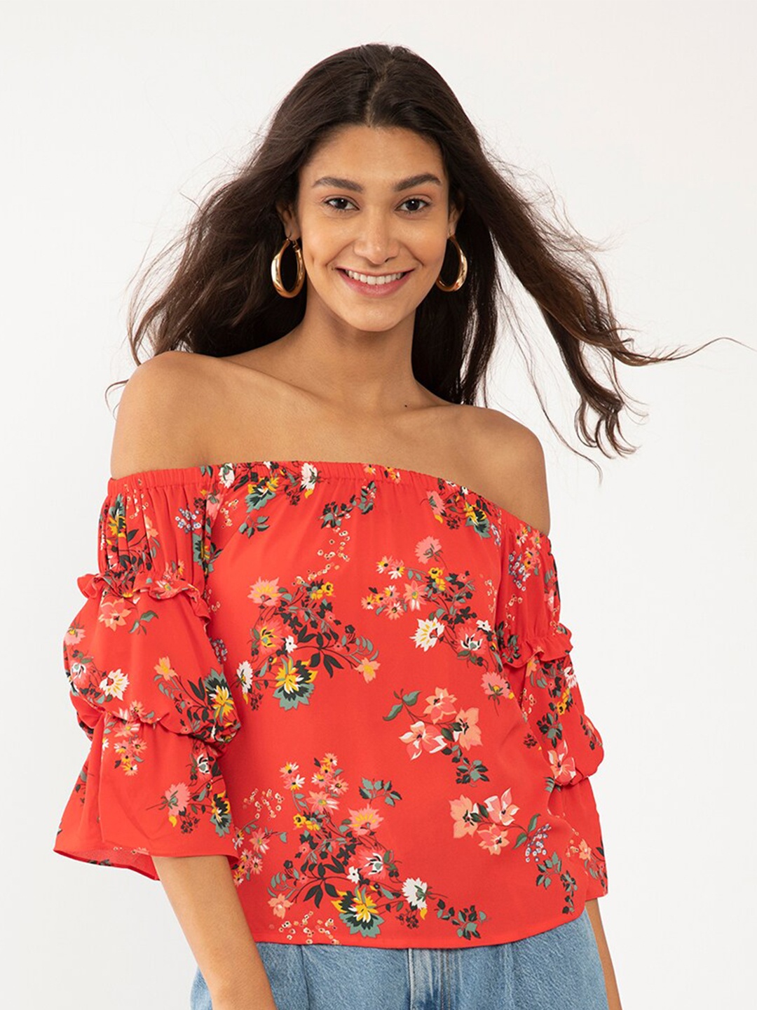 

Zink London Red Floral Off-Shoulder Bardot Top
