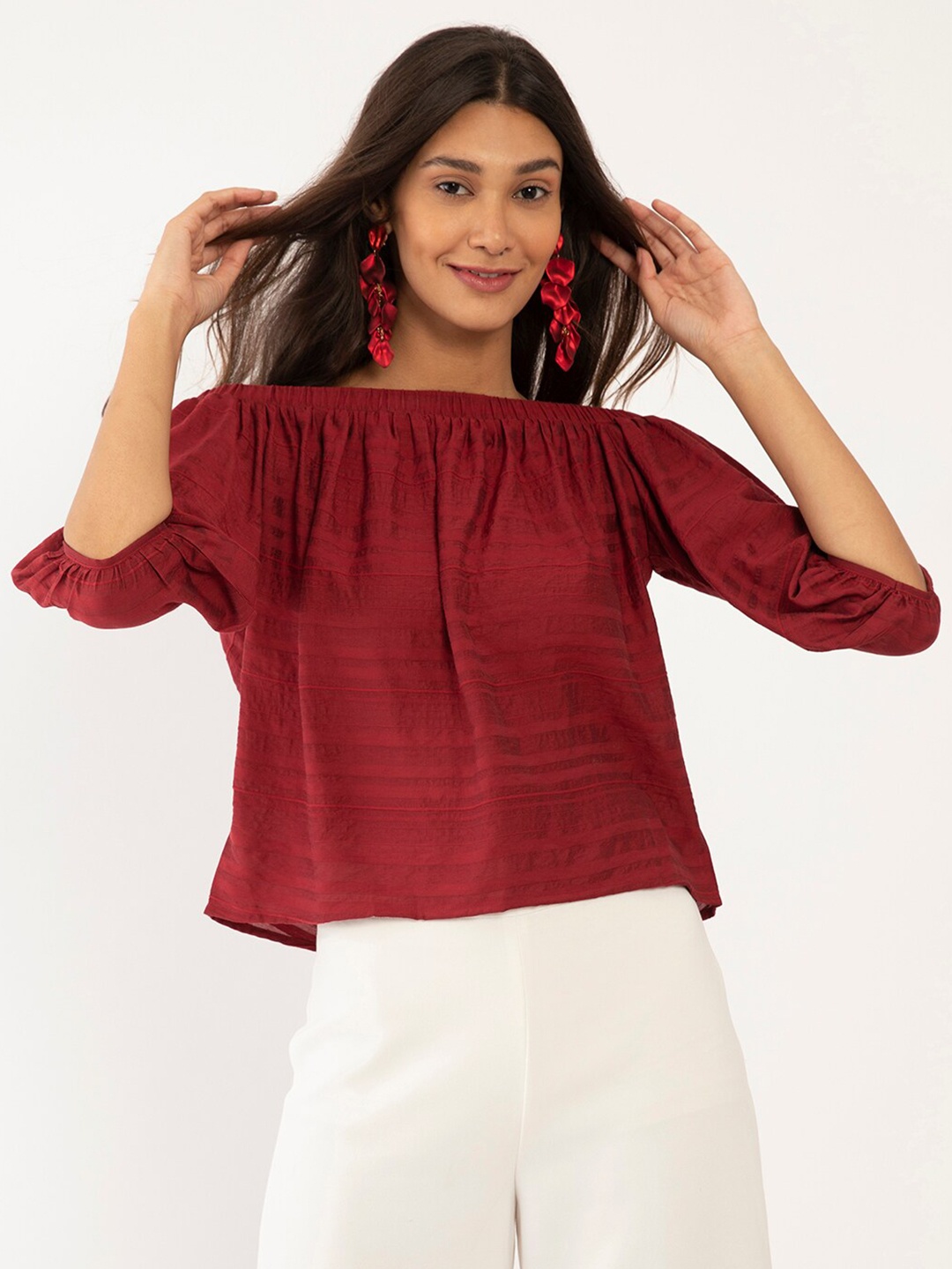 

Zink London Maroon Off-Shoulder Bardot Top