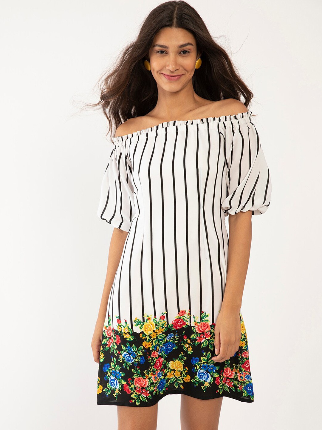 

Zink London White Floral Off-Shoulder A-Line Dress