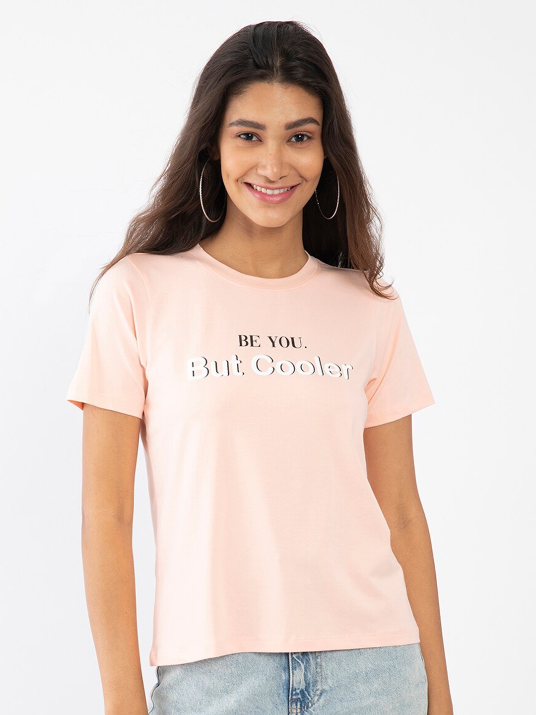 

Zink London Women Peach-Coloured Typography Printed T-shirt