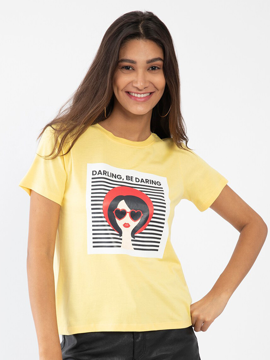 

Zink London Women Yellow Typography Printed T-shirt