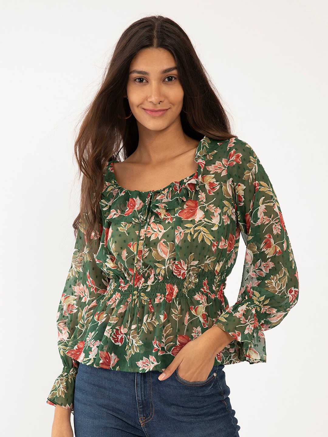 

Zink London Green Floral Cinched Waist Top