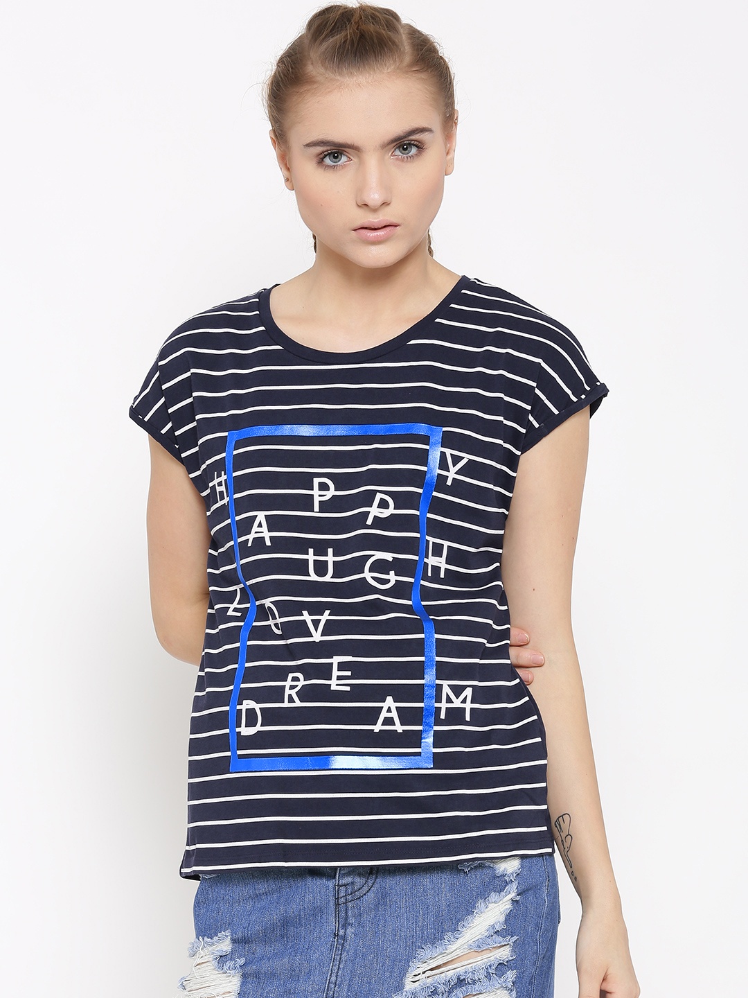 

United Colors of Benetton Women Navy & White Striped Round Neck T-shirt, Navy blue