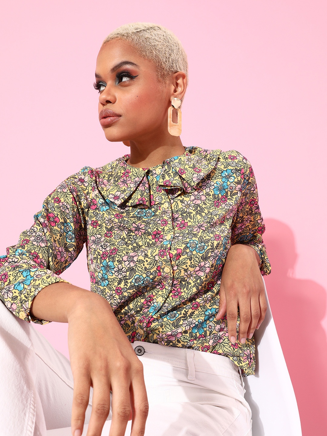 

Zink London Women Yellow Floral Opaque Printed Casual Shirt