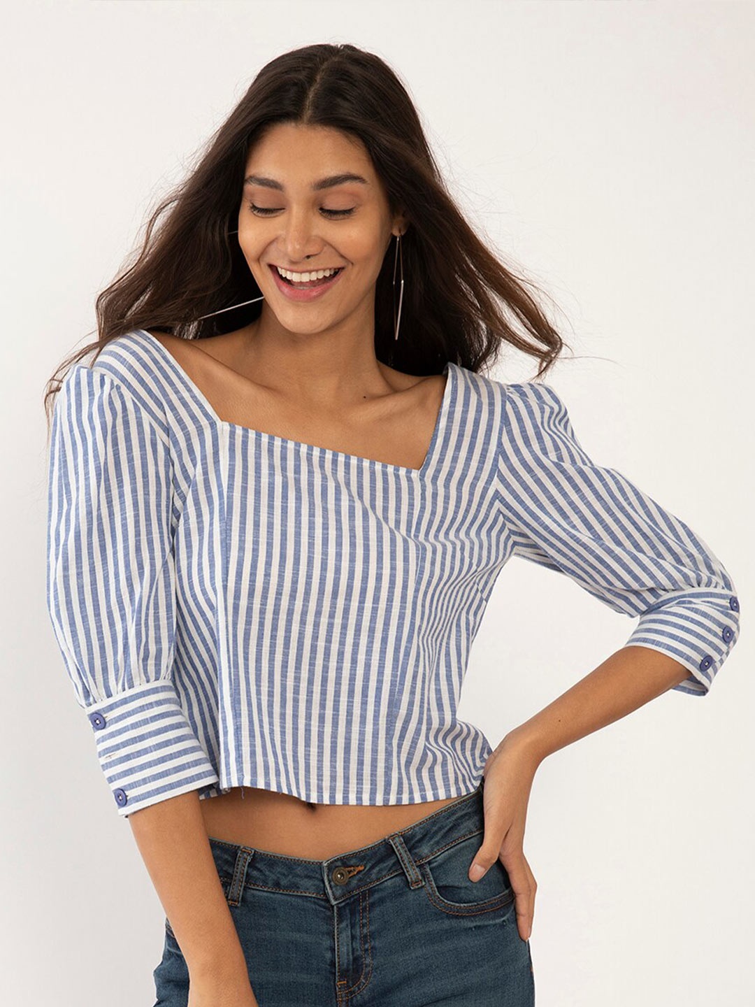 

Zink London White Striped Regular Crop Top