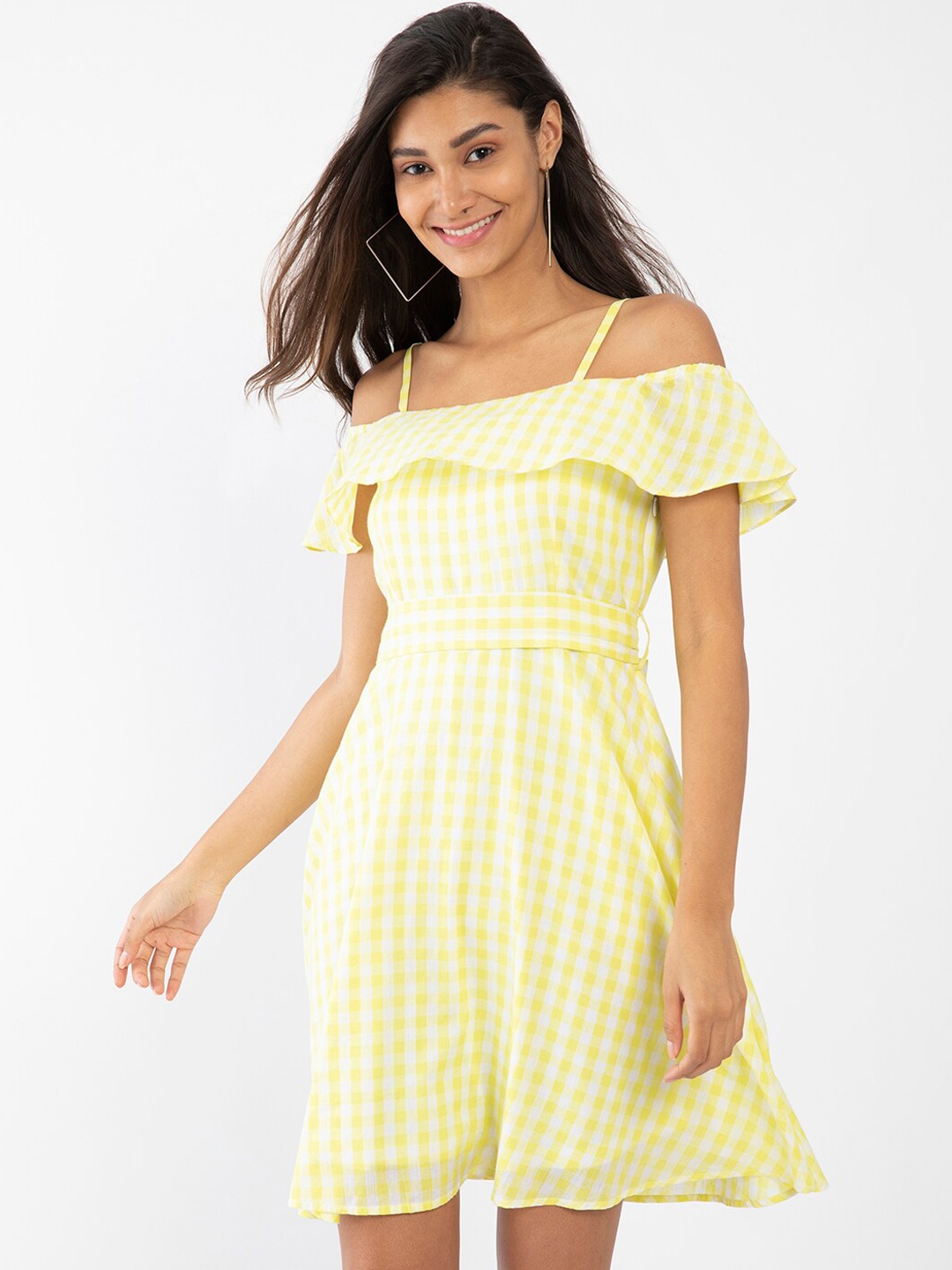 

Zink London Yellow Checked Off-Shoulder Dress