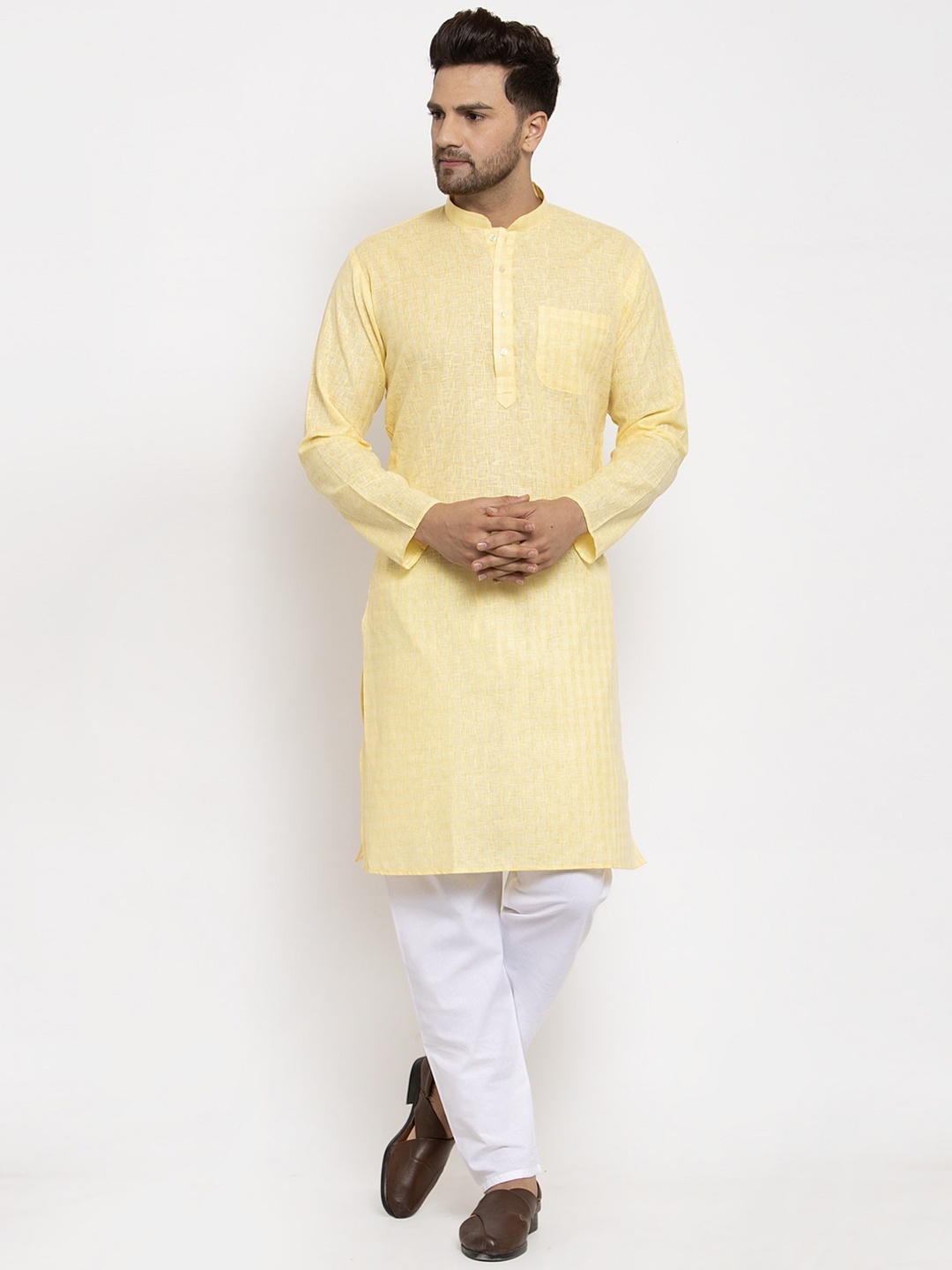 

KRAFT INDIA Men Yellow & White Woven Design Regular Kurta With Pyjamas