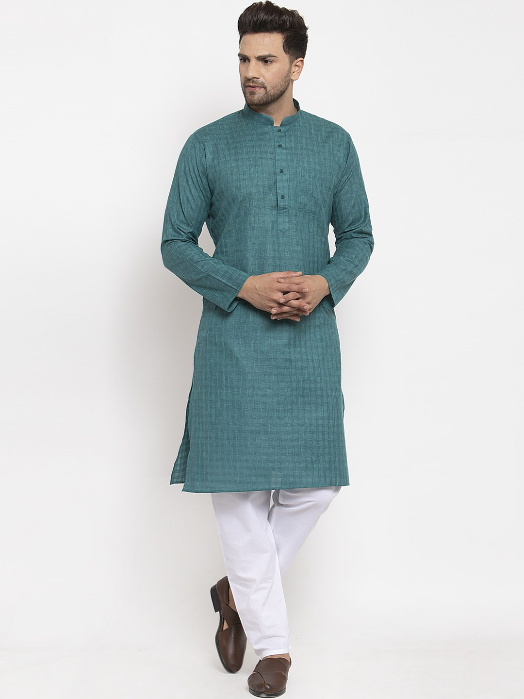 

KRAFT INDIA Men Green & White Woven Design Regular Kurta With Pyjamas