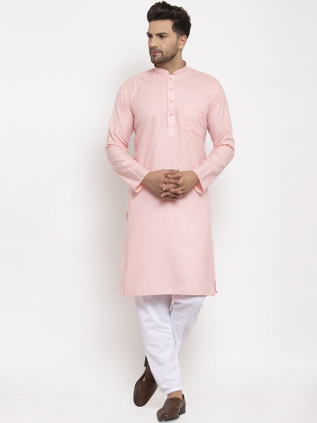 

KRAFT INDIA Men Pink & White Solid Regular Kurta With Pyjamas