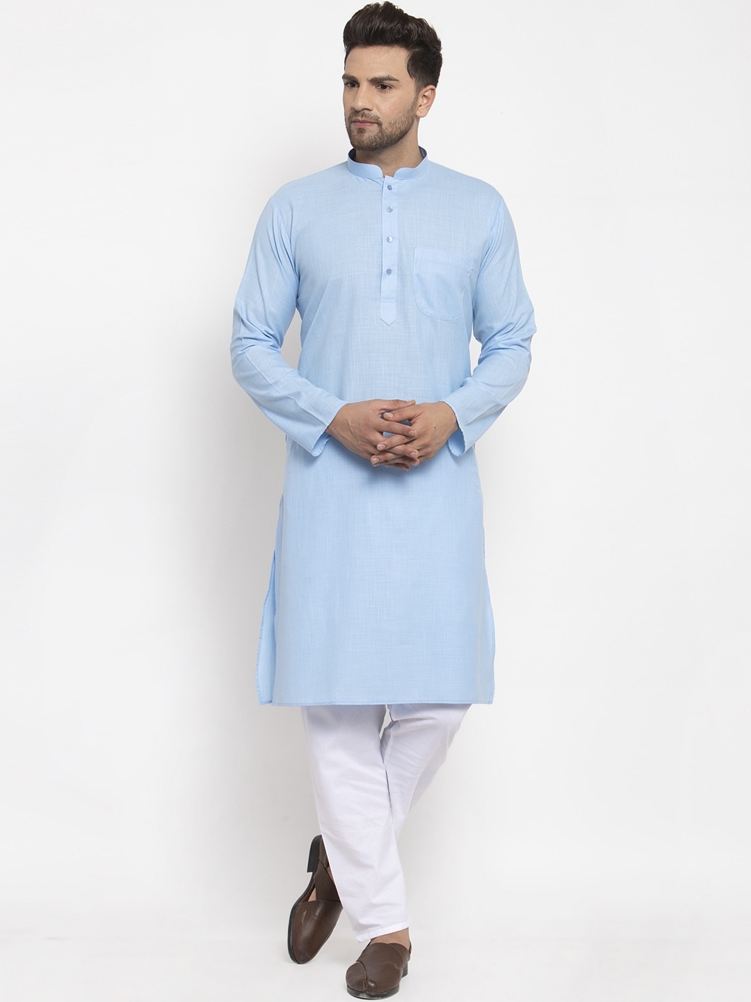 

KRAFT INDIA Men Turquoise Blue & White Solid Regular Kurta With Pyjamas