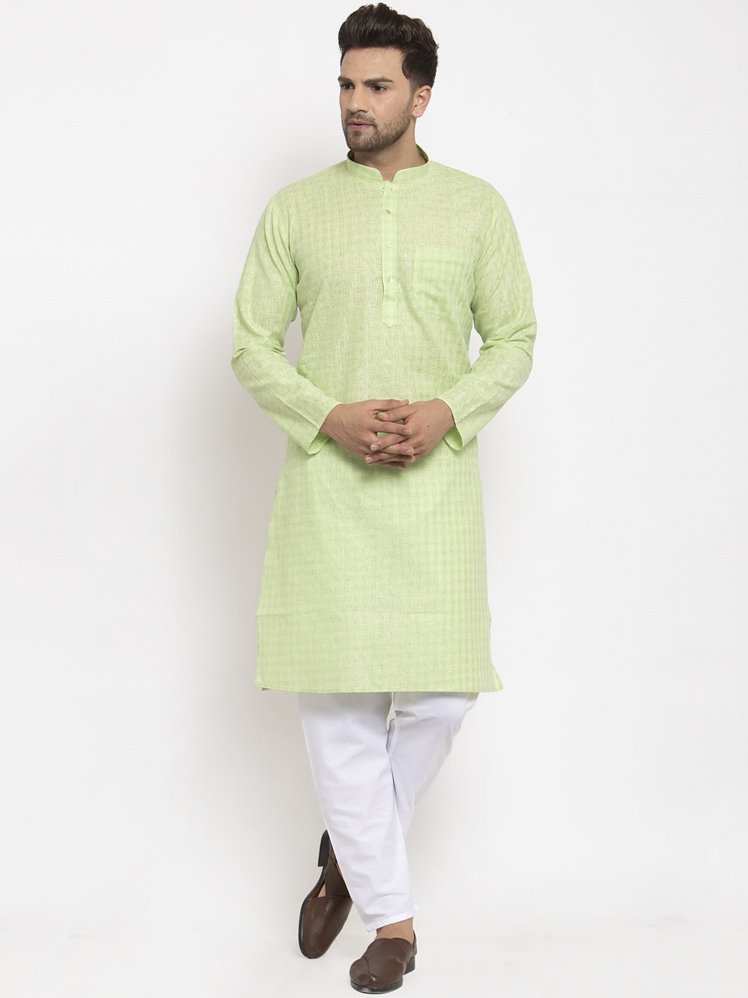 

KRAFT INDIA Men Sea Green & White Woven Design Regular Kurta With Pyjamas