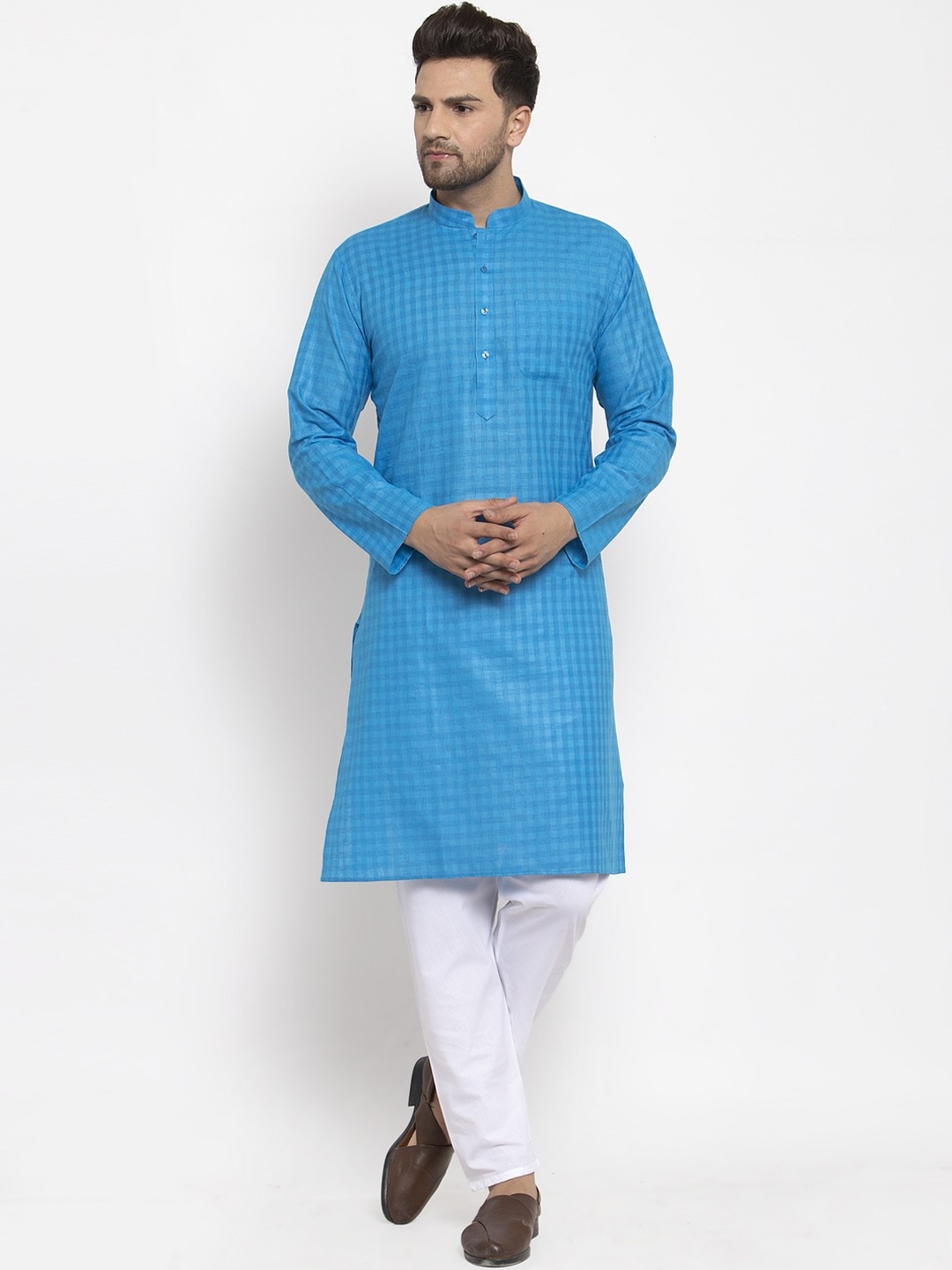 

KRAFT INDIA Men Blue & White Checked Printed Cotton Blend Kurta With Pyjamas