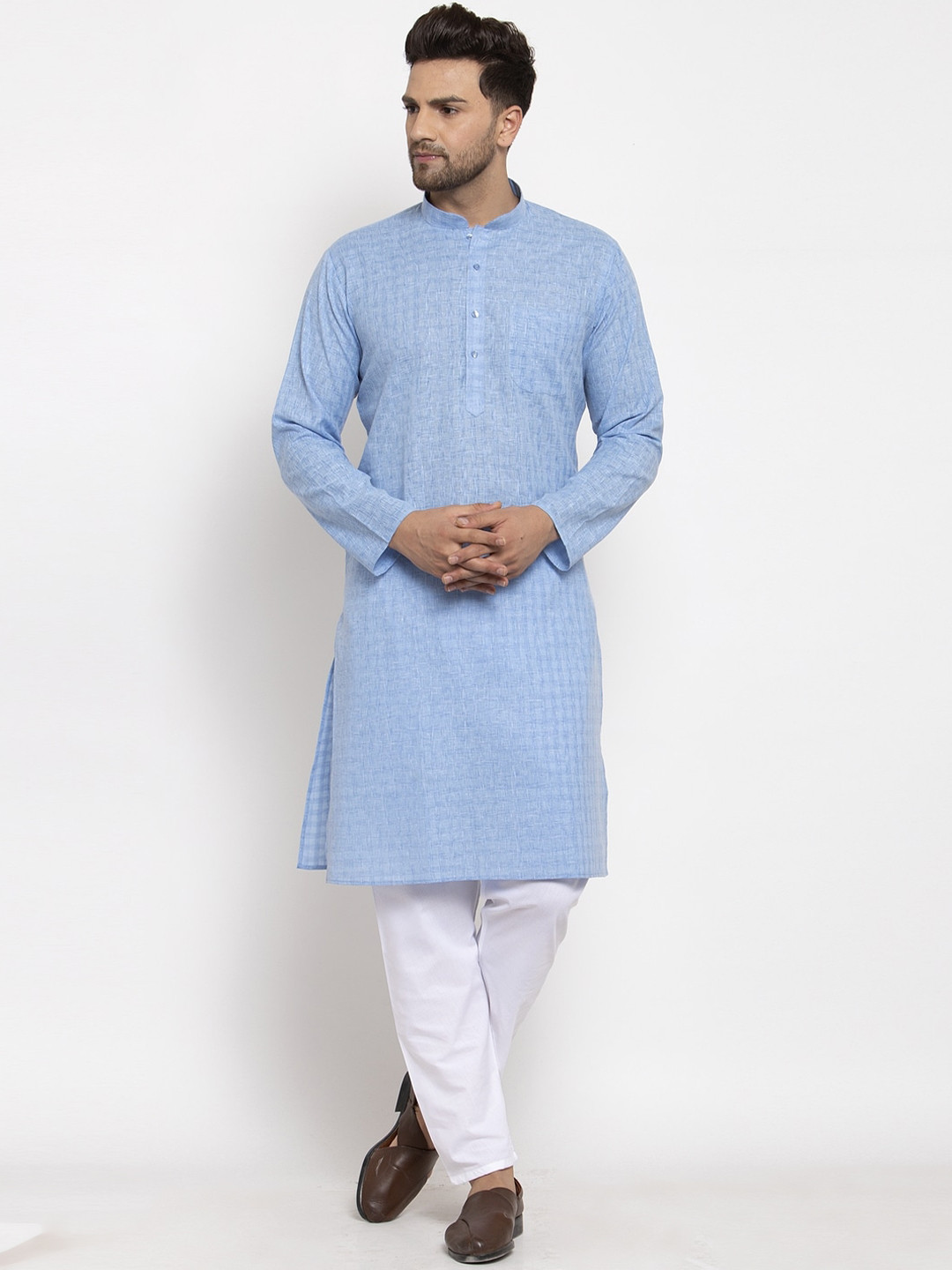

KRAFT INDIA Men Turquoise Blue & White Woven Design Regular Kurta With Pyjamas