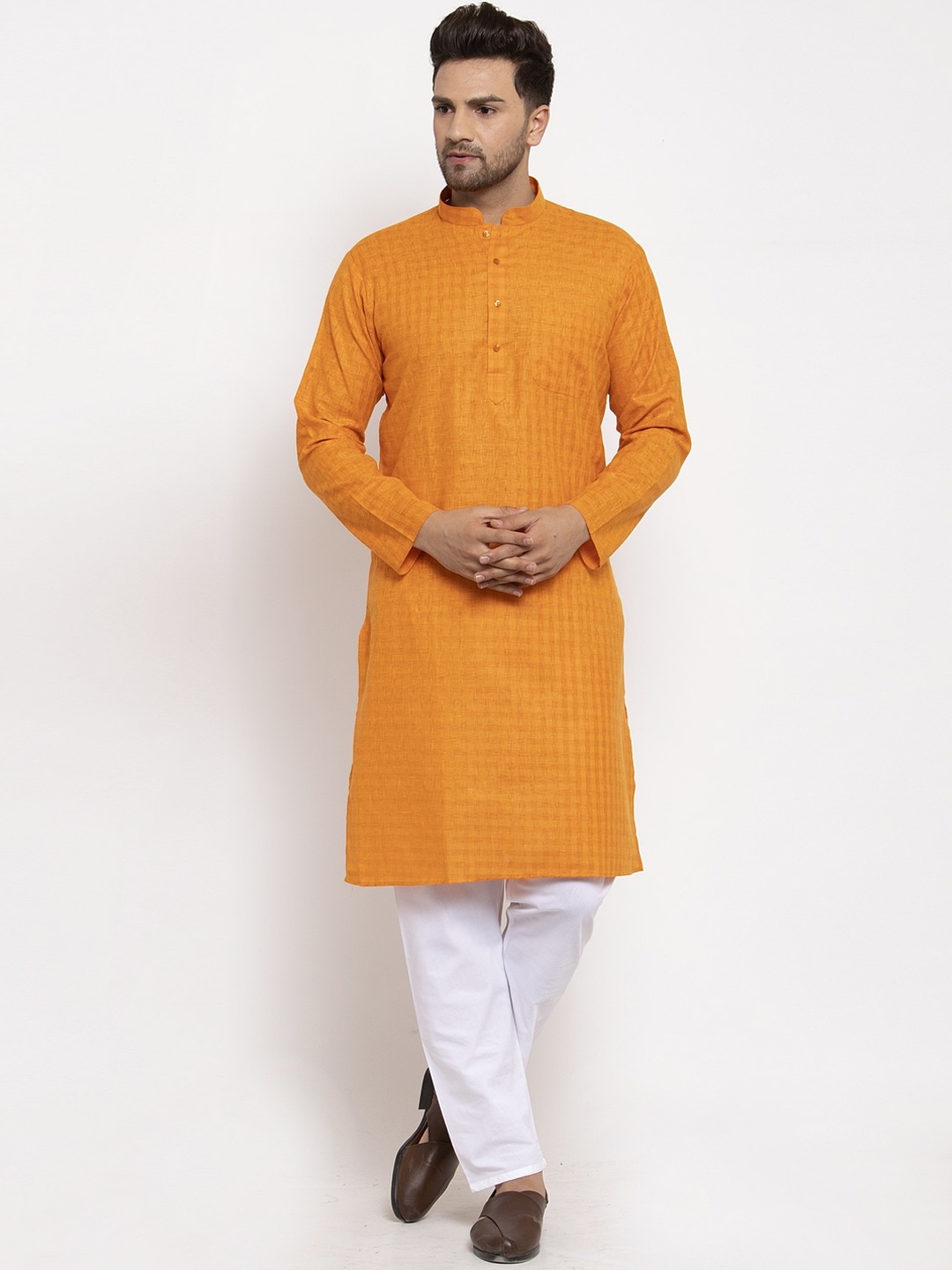 

KRAFT INDIA Men Orange & White Checked Woven Design Regular Kurta With Pyjamas