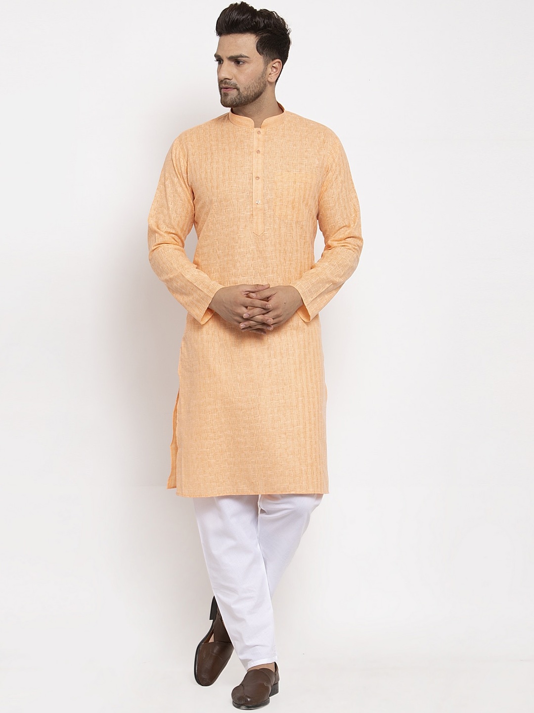 

KRAFT INDIA Men Peach & White Woven Design Regular Kurta With Pyjamas