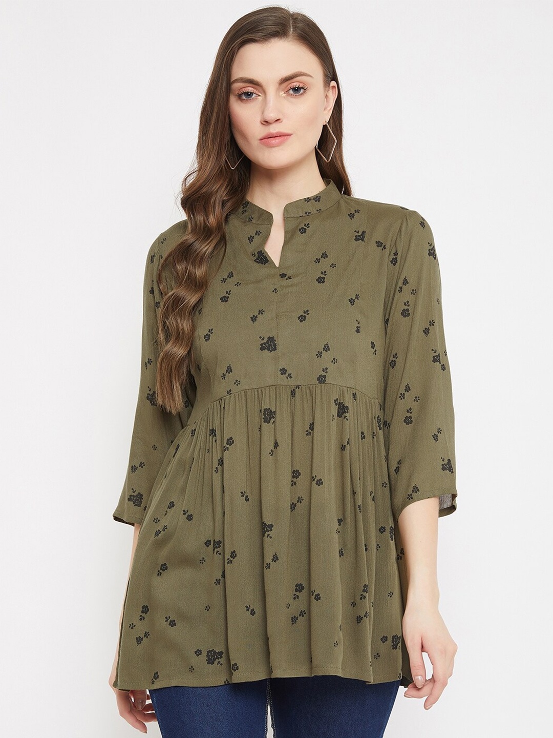 

Nun Olive Green Floral Mandarin Collar A-Line Longline Top