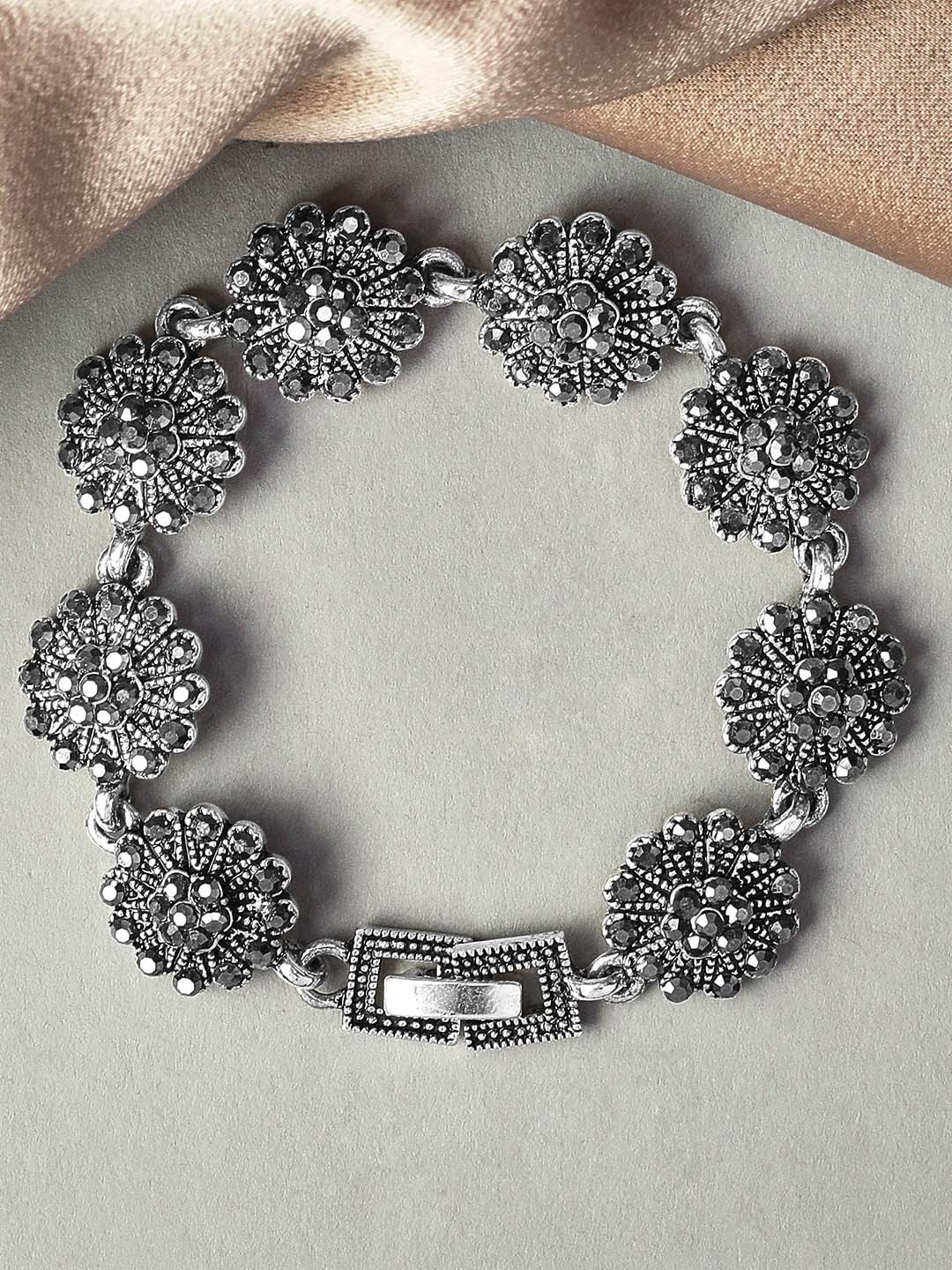 

Rubans Women Silver-Toned Oxidised Filigree Floral Bracelet