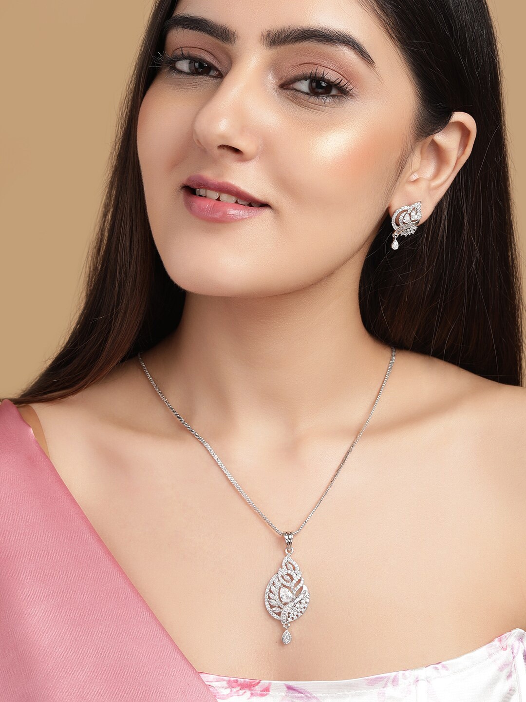 

Rubans Silver-Plated White CZ-Studded Handcrafted Jewellery Set