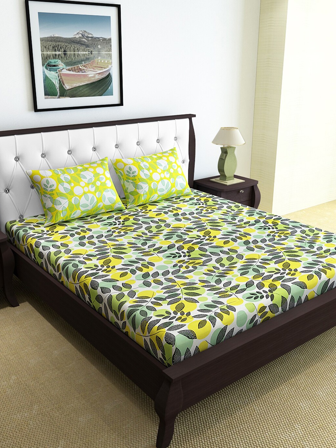

Divine Casa White & Yellow Floral 120 TC Queen Bedsheet with 2 Pillow Covers
