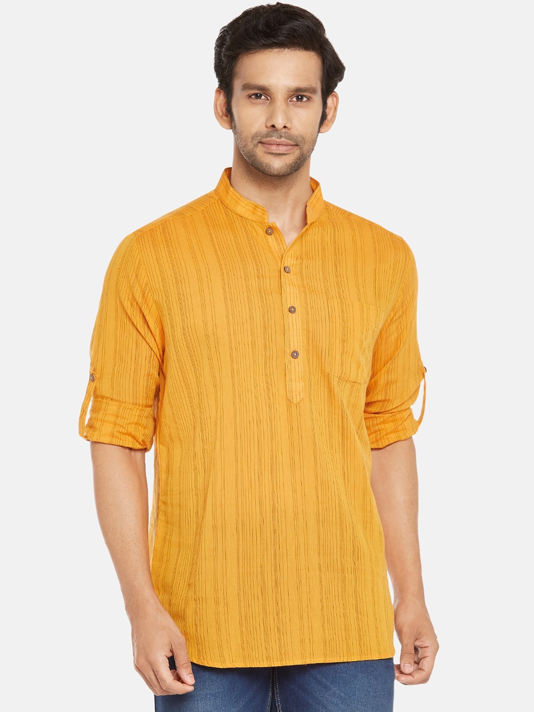 

indus route by Pantaloons Men Mustard Yellow Striped Kurta