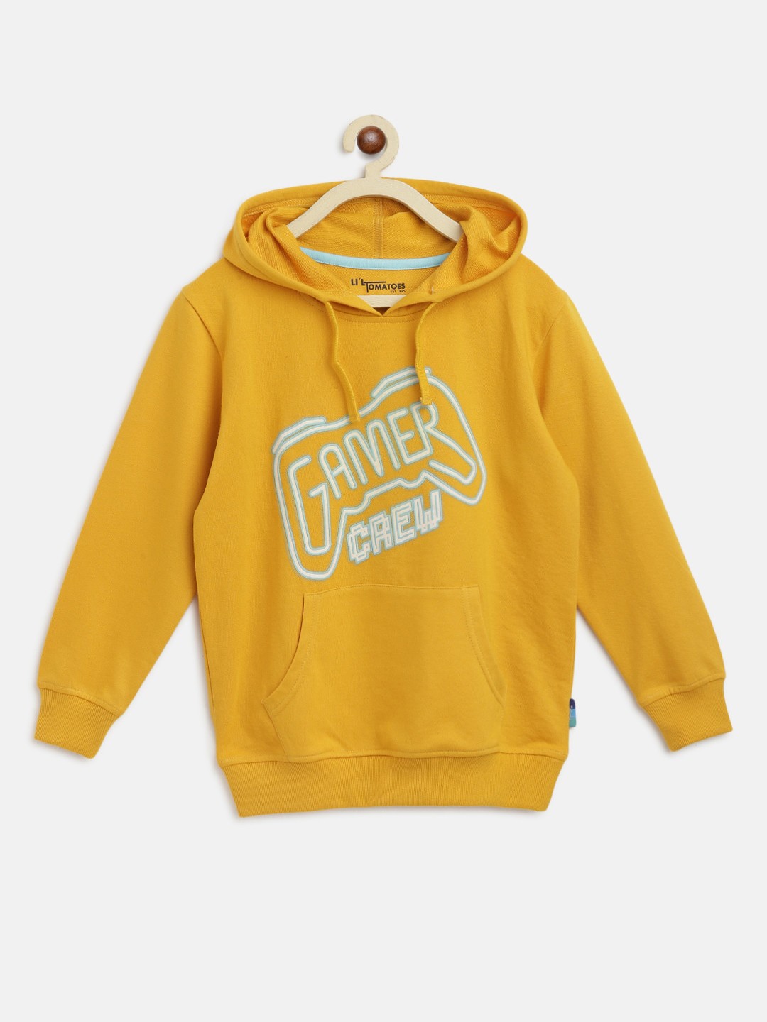 

Lil Tomatoes Boys Mustard Printed Hooded Sweatshirt
