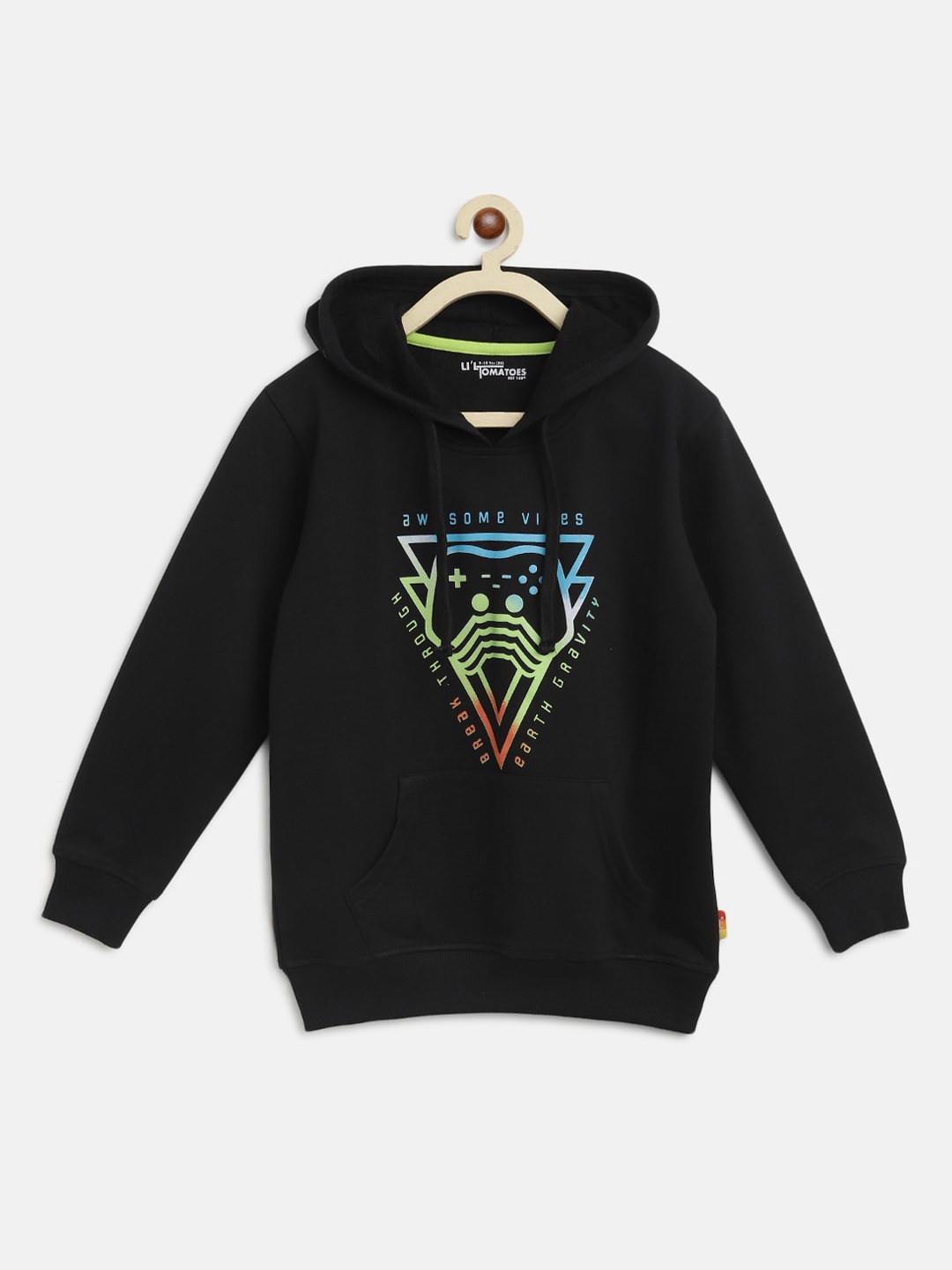 

Lil Tomatoes Boys Black Printed Hooded Sweatshirt