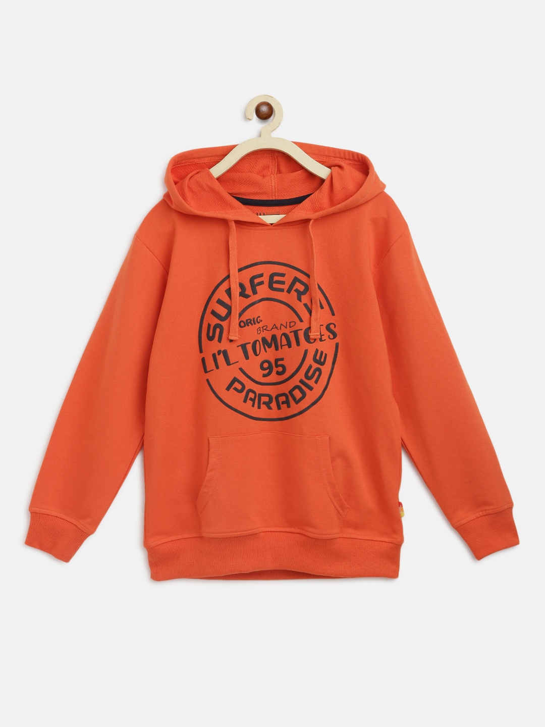 

Lil Tomatoes Boys Orange Printed Hooded Sweatshirt