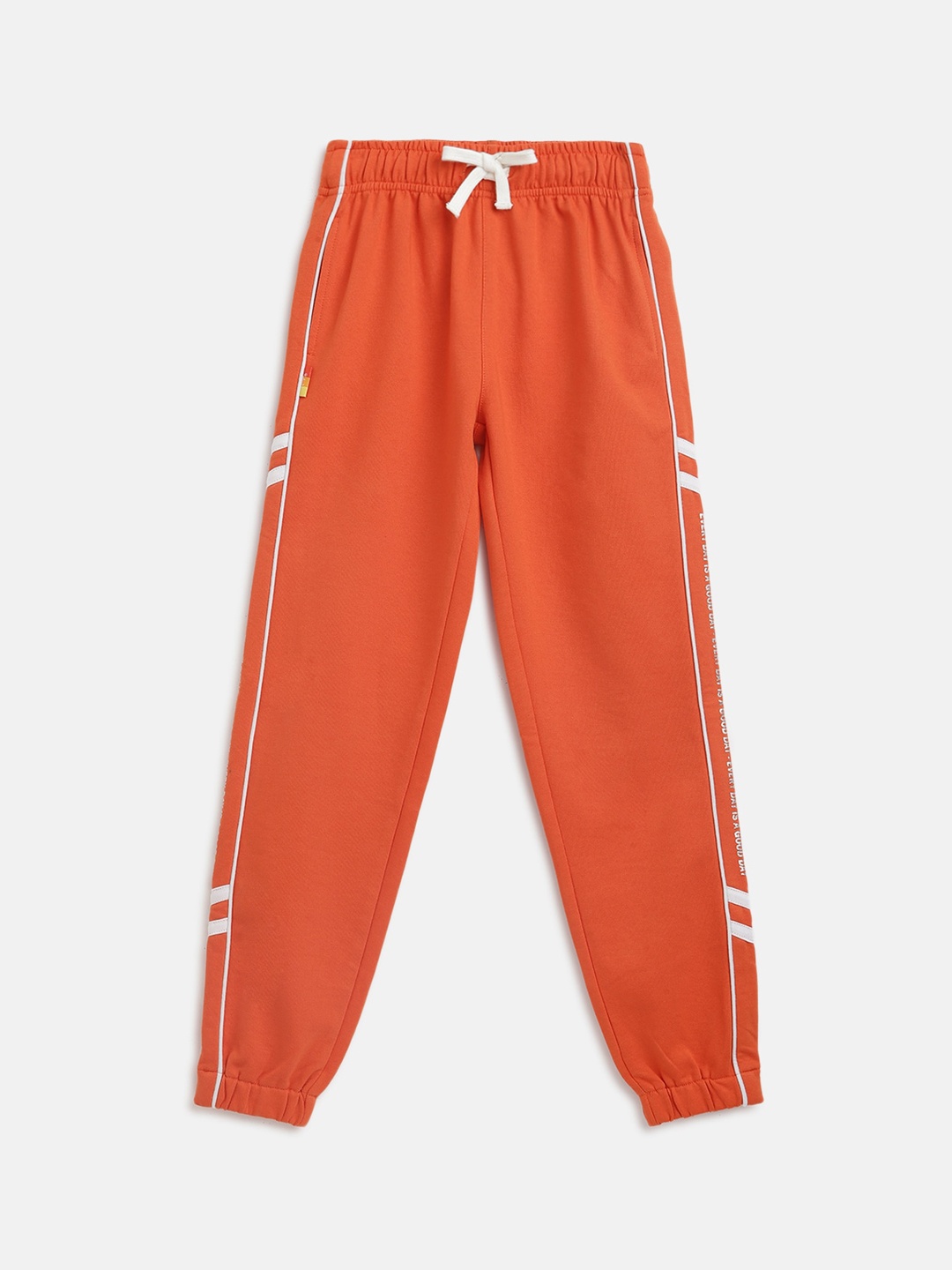 

Lil Tomatoes Girls Orange & White Solid Pure Cotton Straight-Fit Joggers