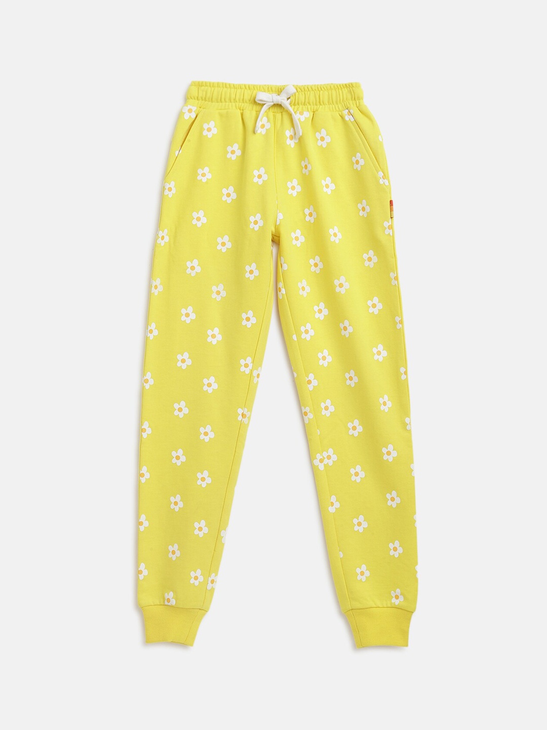 

Lil Tomatoes Girls Yellow & White Floral Printed Straight-Fit Pure Cotton Joggers
