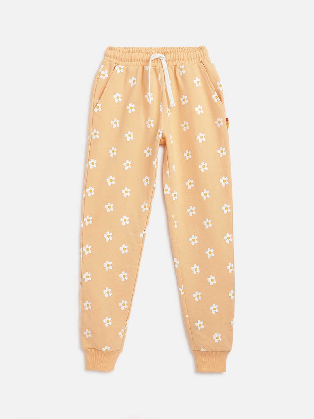 

Lil Tomatoes Girls Peach Floral Printed Pure Cotton Straight-Fit Joggers