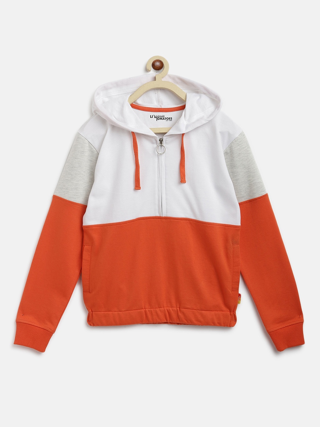 

Lil Tomatoes Girls Orange Colourblocked Hooded Sweatshirt