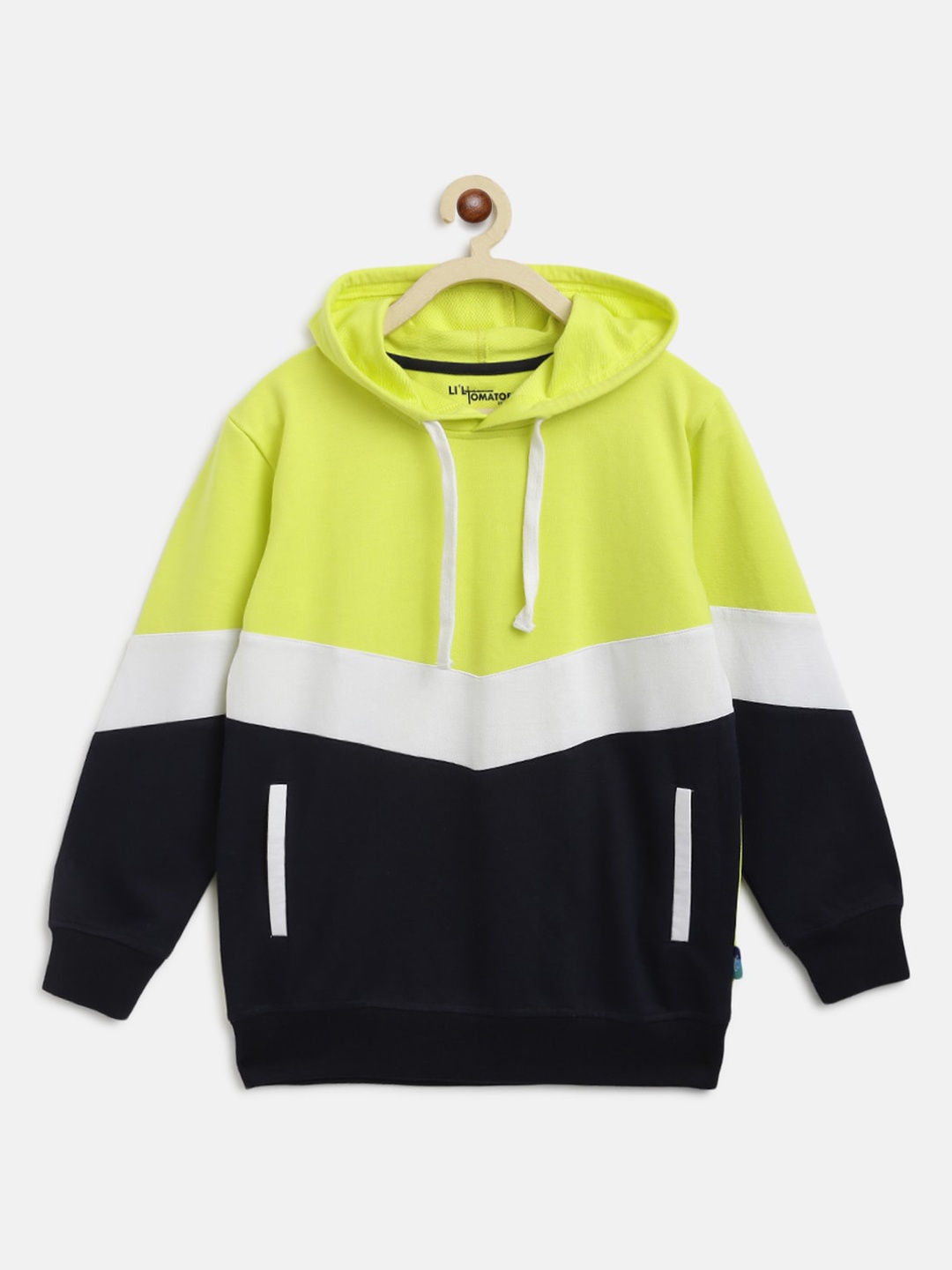 

Lil Tomatoes Boys Lime Green Colourblocked Hooded Sweatshirt