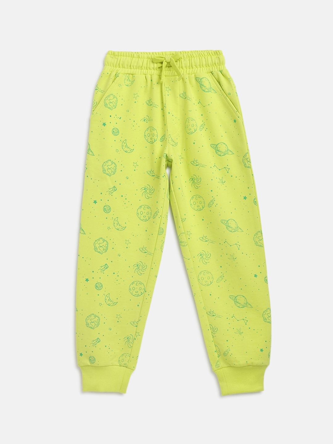 

Lil Tomatoes Boys Lime Green Printed Straight-Fit Pure Cotton Joggers