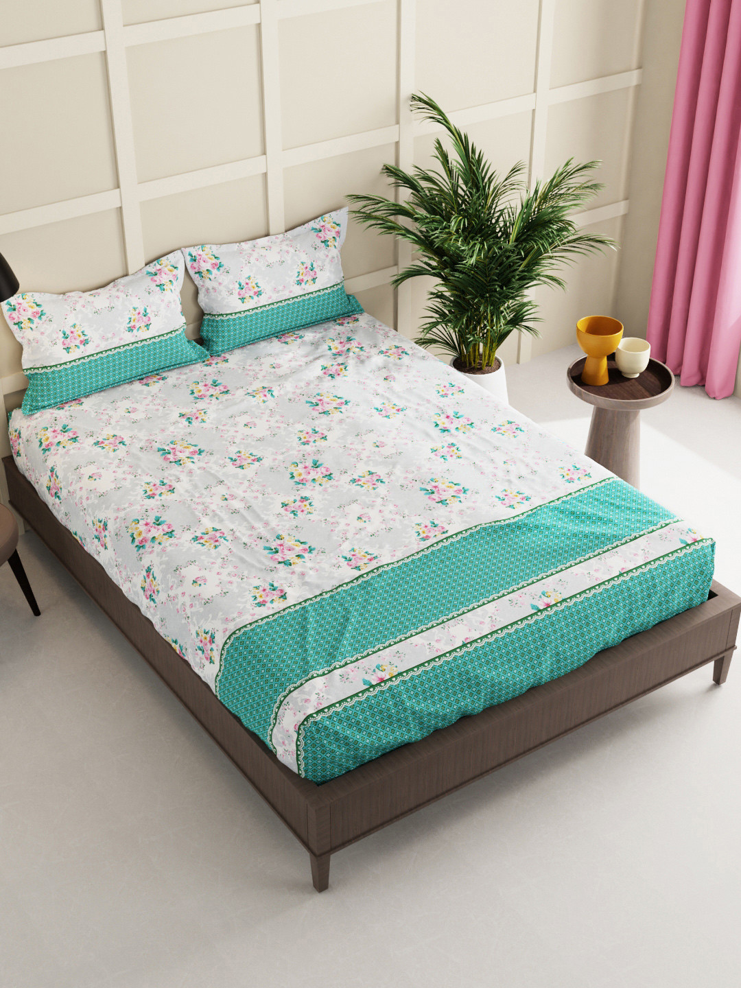 

BIANCA Grey & Green Floral 152 TC Queen Bedsheet With 2 Pillow Covers