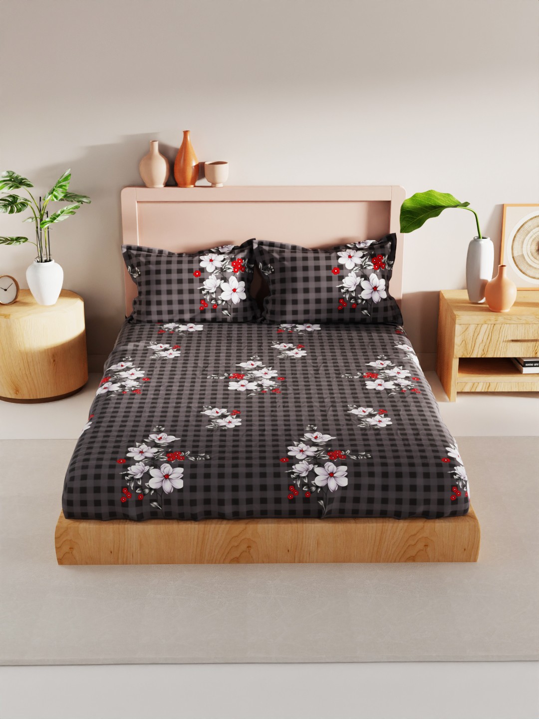 

BIANCA Grey & White Floral 200 TC King Bedsheet with 2 Pillow Covers