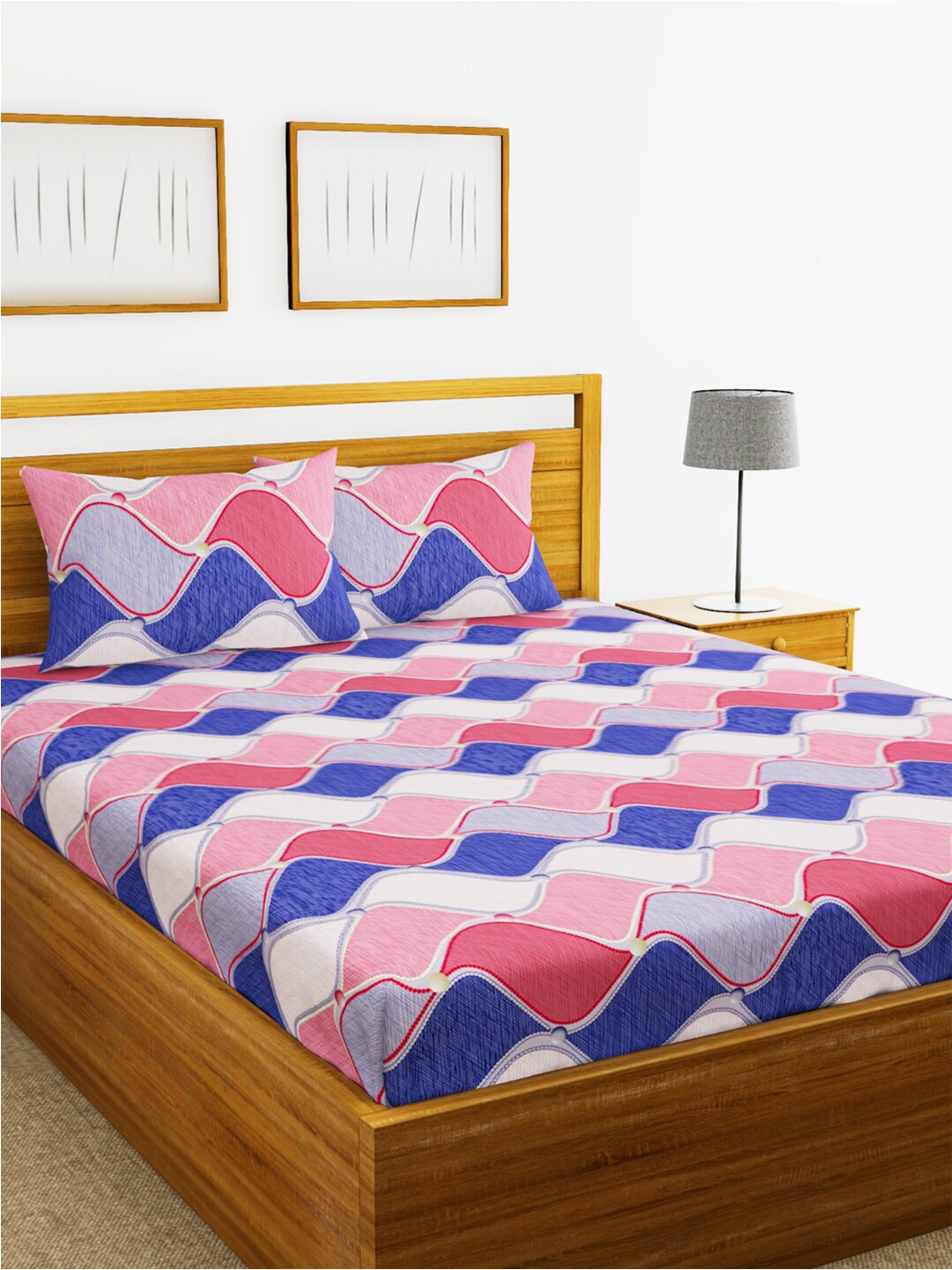 

BIANCA Blue & Rose Geometric 152 TC Queen Bedsheet with 2 Pillow Covers