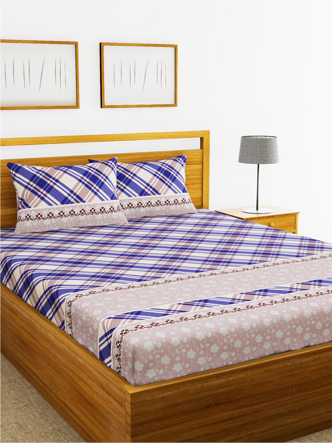 

BIANCA Beige & Blue Geometric 152 TC Queen Bedsheet with 2 Pillow Covers